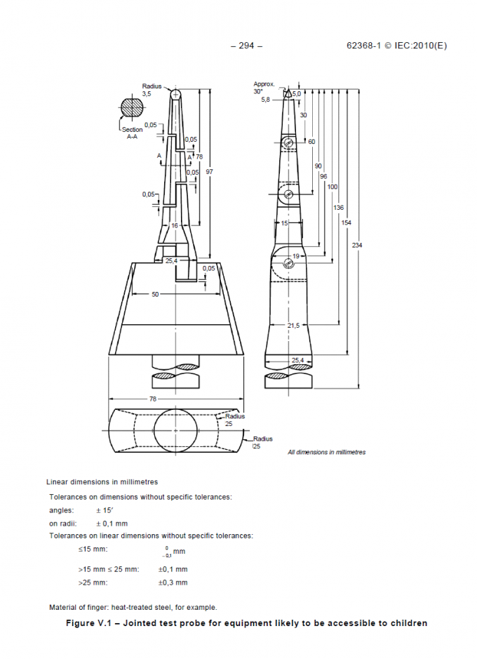 Jointed test probe for equipment likely to be accessible to children | IEC 62368 -1-Figure V.1 0